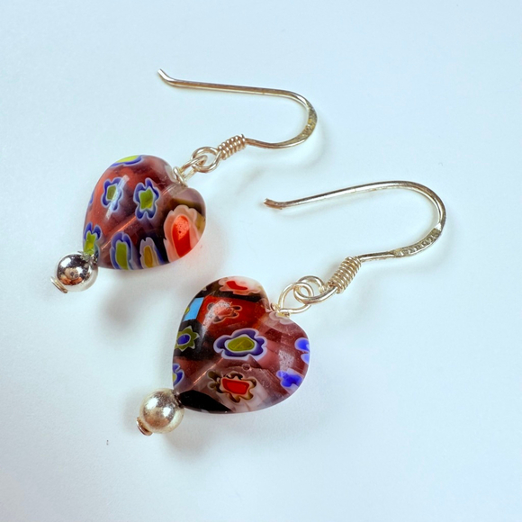 Blown Lamp Work Murano Glass Heart Beads Sterling Silver Vintage 1.2" Earrings - Picture 2 of 7